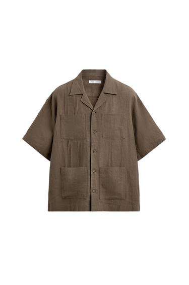 قميص relaxed fit 100% كتان بجيوب وطيات - بني/ توبو الخاص بـ Zara