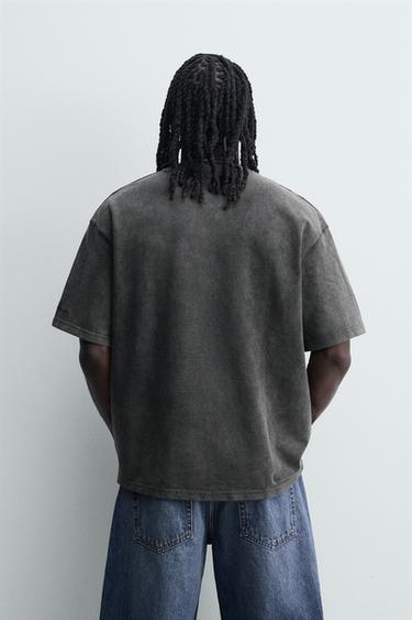 WASHED WAFFLE-KNIT T-SHIRT - Anthracite grey by Zara