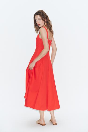 POPLIN MIDI DRESS WITH GODETS - Red by Zara