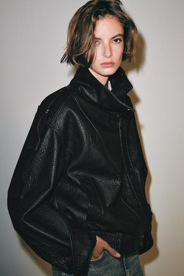 Zara FAUX LEATHER BOMBER JACKET - Dark brown