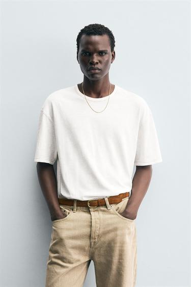 Zara CONTRAST TOPSTITCHED T-SHIRT - White