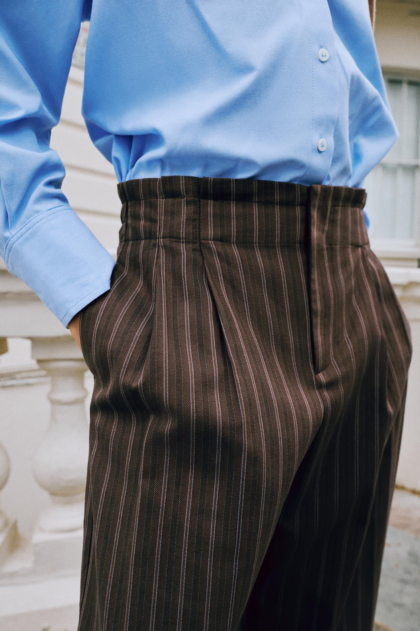 Женские брюки Zara Striped Paperbag Balloon, цвет: Коричневый синий — фото 5