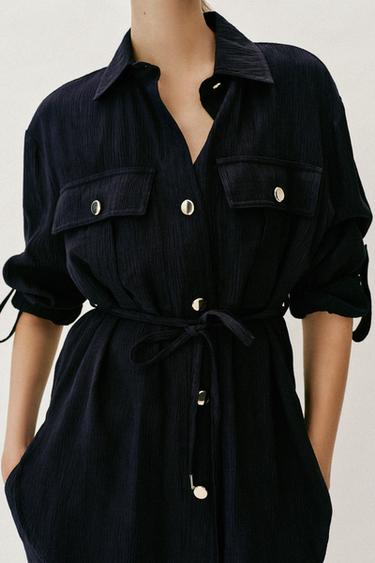 CHEMISE SAFARI EFFET FROISSÉ CEINTURE - Bleu marine de Zara - Image 1