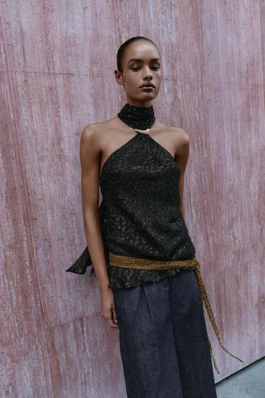 HALTER TOP WITH METALLIC THREAD TRIM - Black gold by Zara