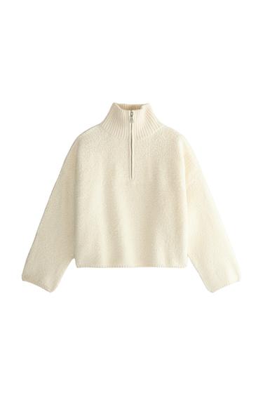 Zara WOOL FAUX SHEARLING ZIP SWEATER - Ecru
