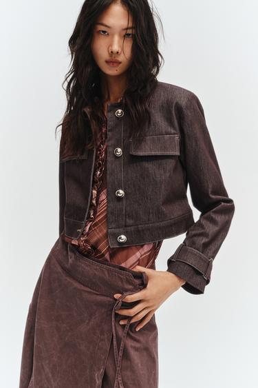 Zara 撞色明線短版外套 - 棕色