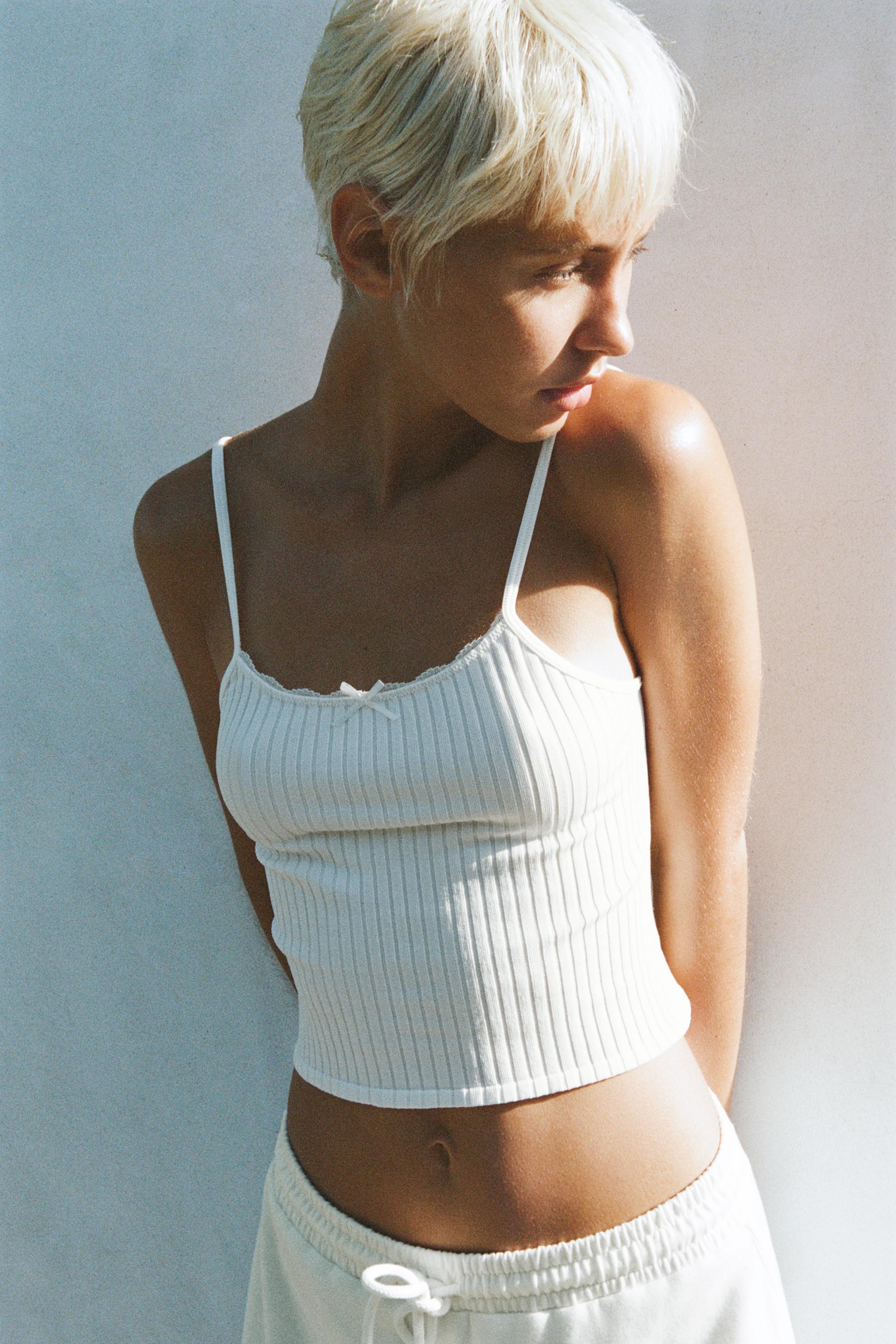 SEAMLESS RIB BOW CROP TOP - Oyster-white | ZARA United States