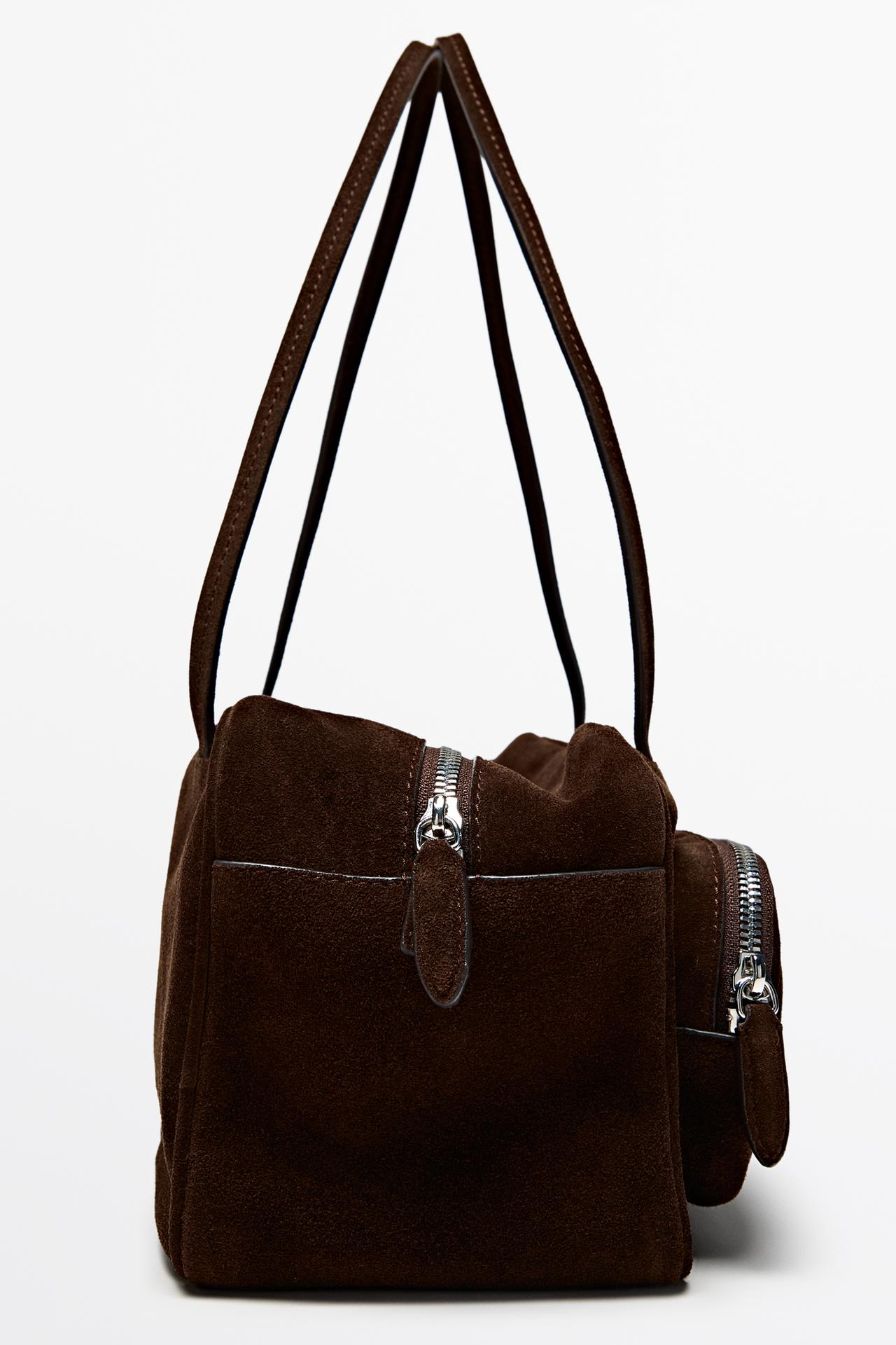 Medium split suede leather bowling bag — Mink