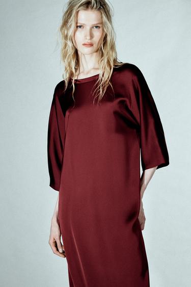 Zara ZW COLLECTION SATIN EFFECT MIDI DRESS - Burgundy