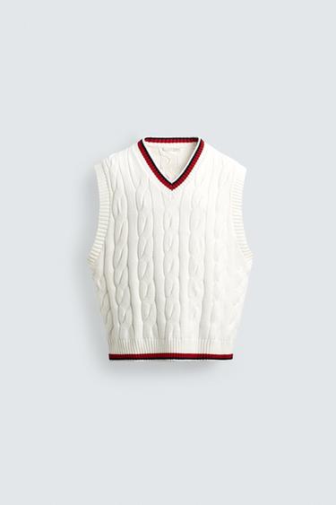 CONTRAST CABLE-KNIT VEST - White by Zara