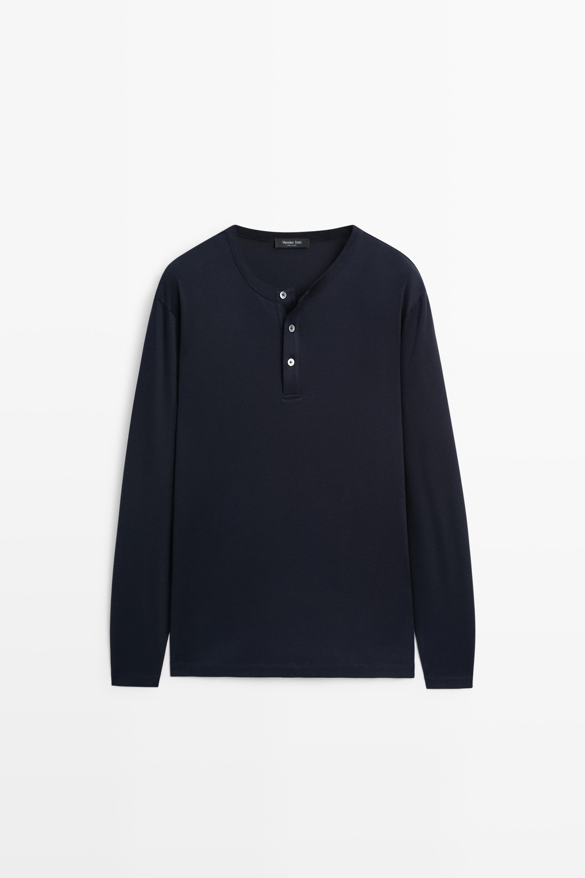 100% cotton long sleeve henley T-shirt — Navy blue