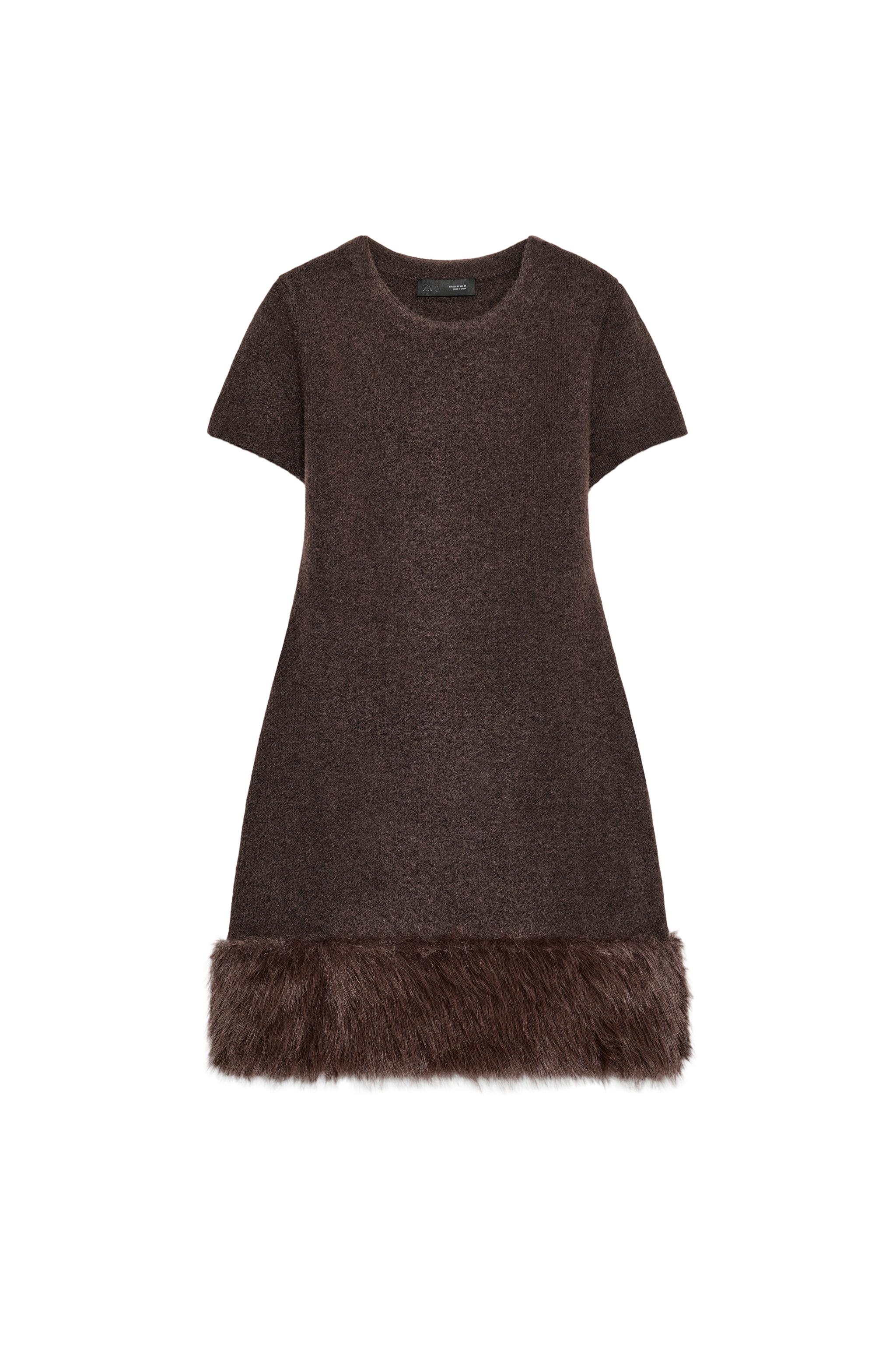 Zara - Faux Fur Knit Dress - Brown - Xl - Woman Zara - Faux Fur Knit Dress - Brown - Xl - Woman