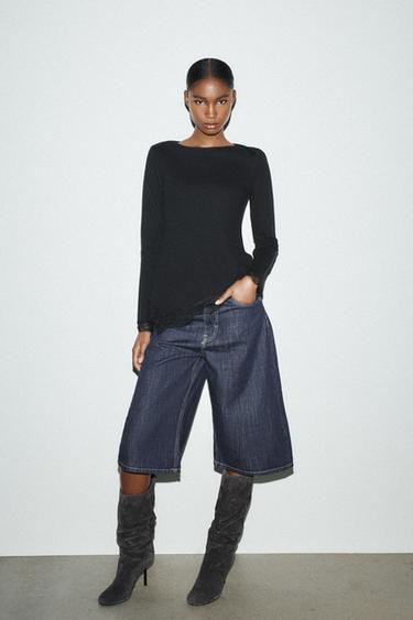 توب بملمس ناعم ودانتيل - أسود by Zara