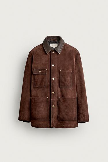 BLOUSON EN CUIR SUÉDÉ À COL CONTRASTANT - Chocolat de Zara
