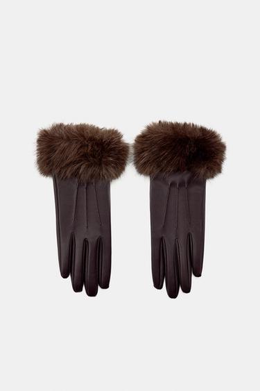 SHORT FAUX LEATHER AND FAUX FUR GLOVES - Brown by Zara
