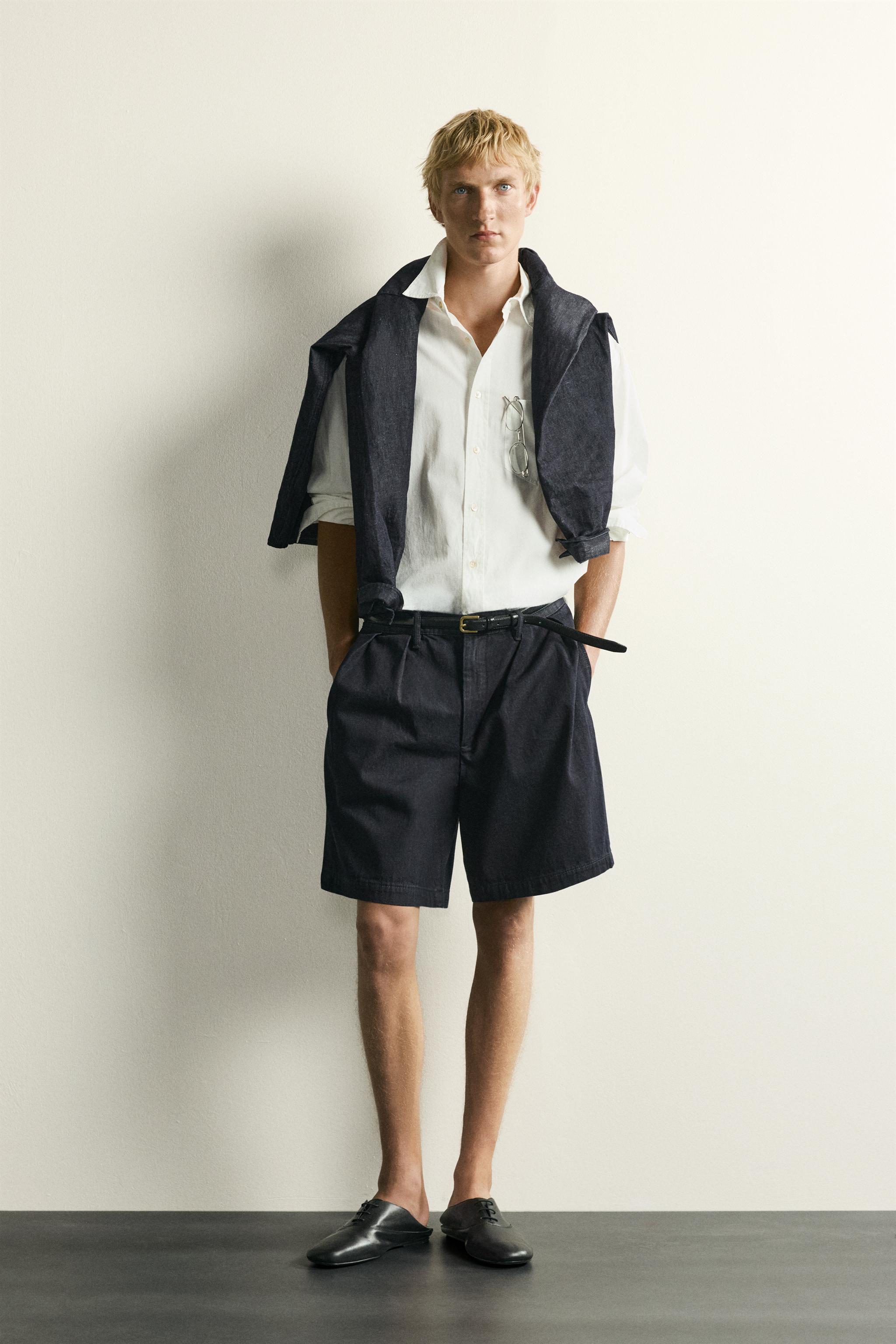 RELAXED FIT PLEATED CHINO DENIM SHORTS