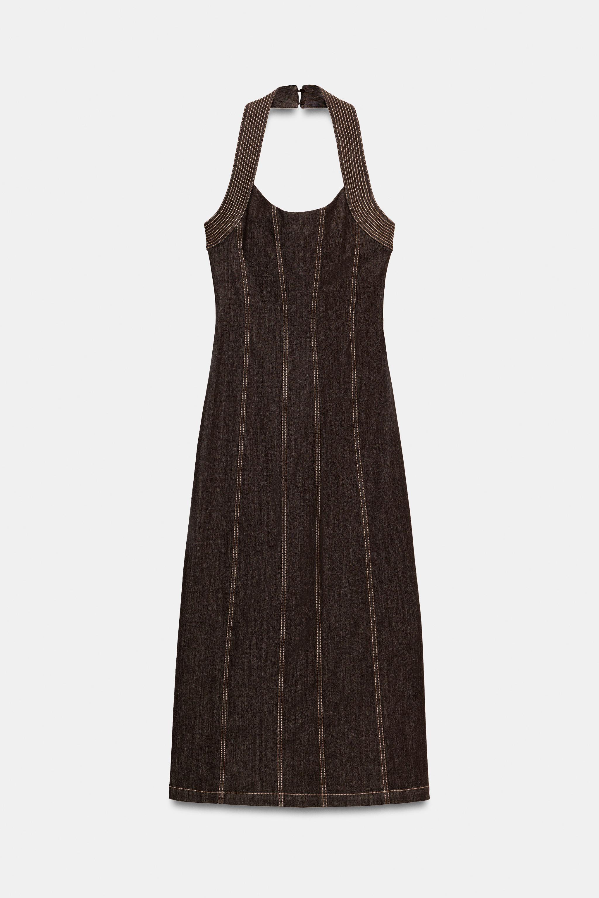 Zara Z1975 MİDİ HALTER DENIM ELBİSE görsel 7