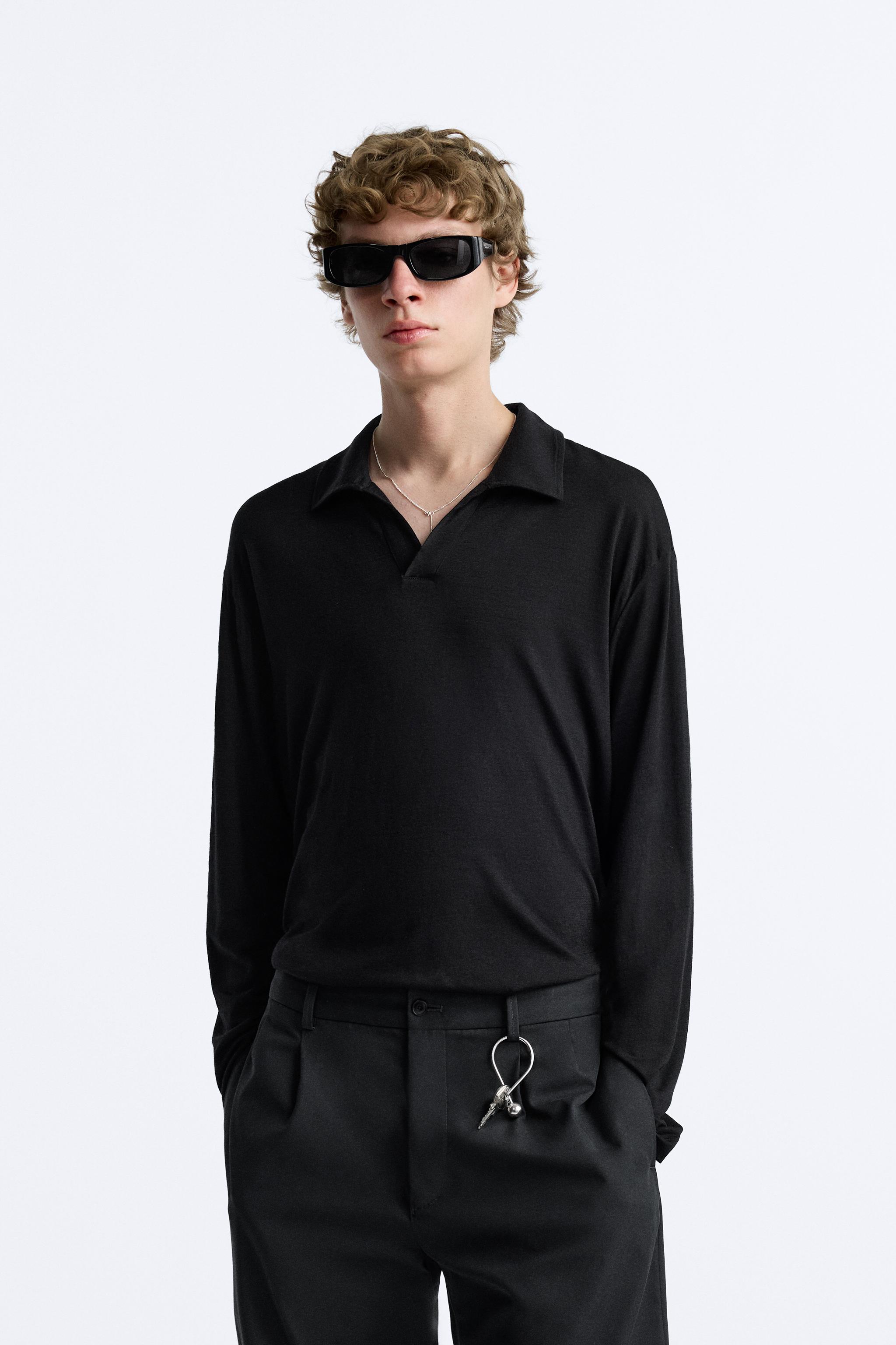メリノウール100% ニットポロシャツ - ブラック | ZARA Japan / 日本