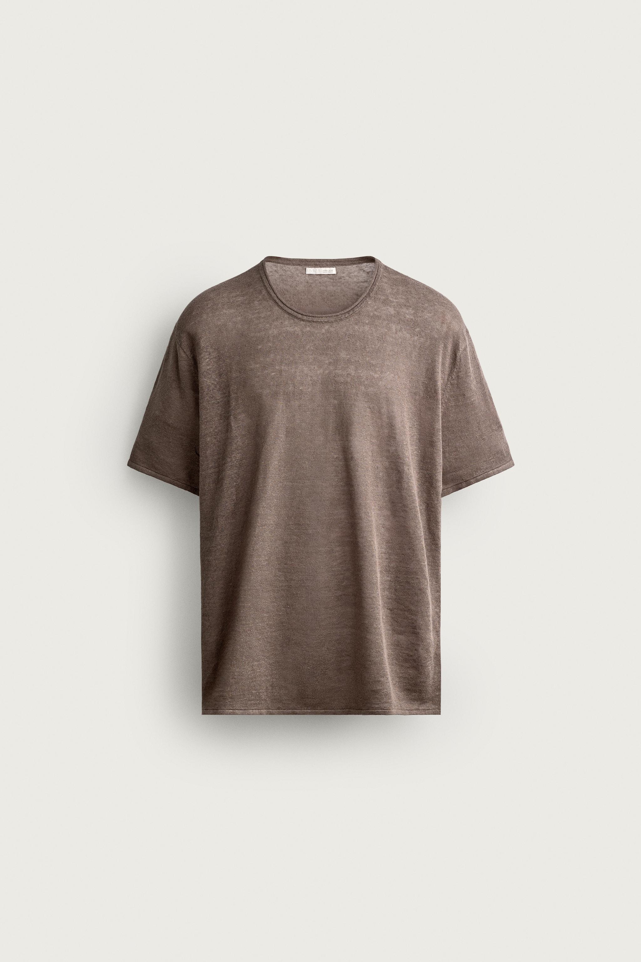 100% LINEN RELAXED FIT KNIT T-SHIRT — Brown / Taupe