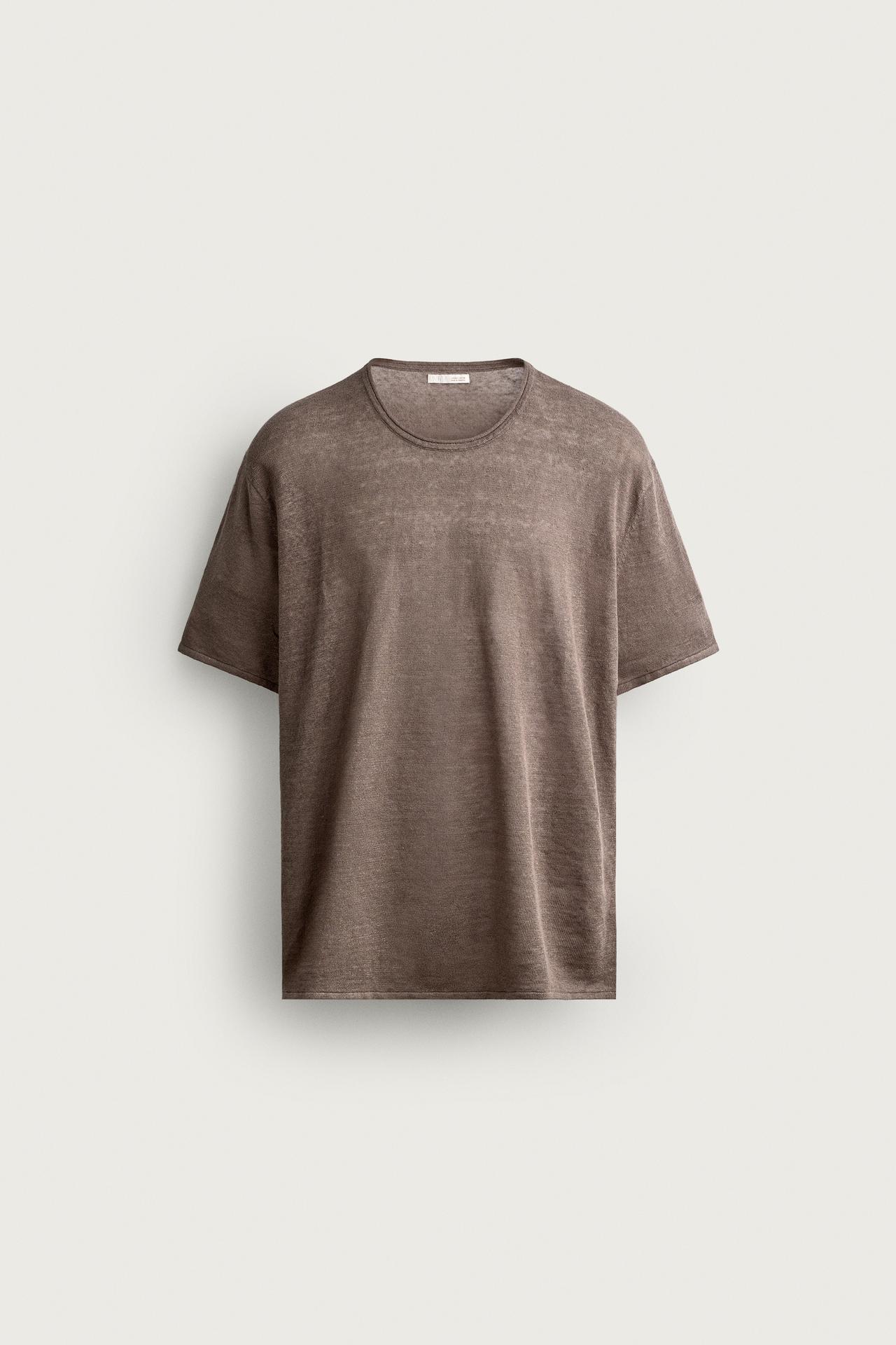 100% LINEN RELAXED FIT KNIT T-SHIRT — Brown / Taupe