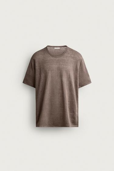 טי שירט סריג 100% פשתן בגזרת Relaxed fit - חום / חום־אפור של Zara