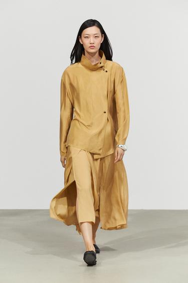 Zara 100% silk crossover mock neck shirt - Mustard