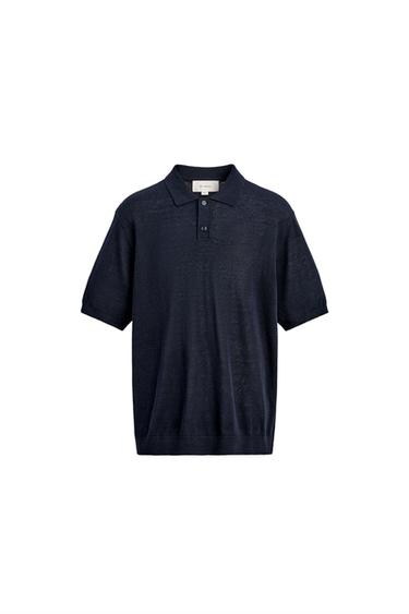 Zara SILK LINEN BLEND KNIT POLO SHIRT - Dark navy