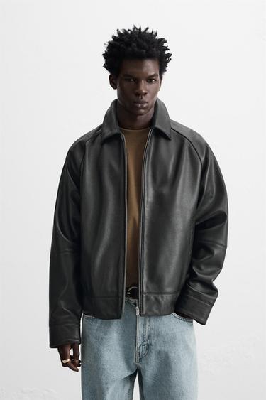 Zara LEATHER BOXY FIT JACKET - Black