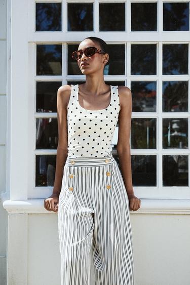 Zara WIDE STRAP POLYAMIDE TOP - Ecru / Black