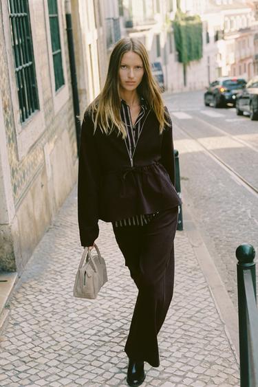 Zara CONTRASTING FABRIC PANTS - Wine