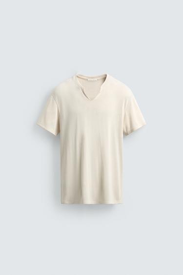 T-SHIRT MET OPEN POLOKRAAG - Ecru van Zara
