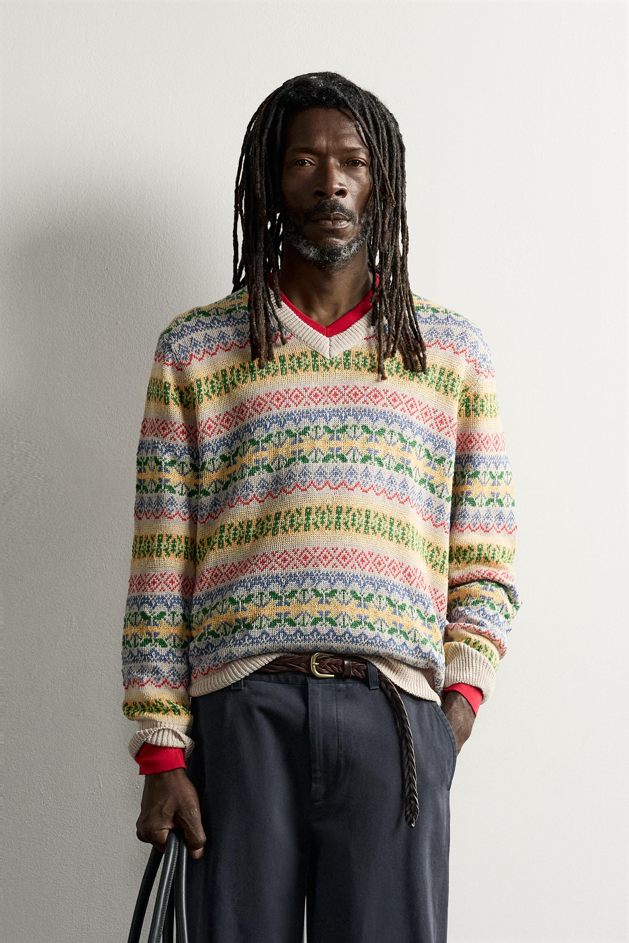 AARON LEVINE X ZARA 100% LINEN GEOMETRIC JACQUARD SWEATER — taupe brown