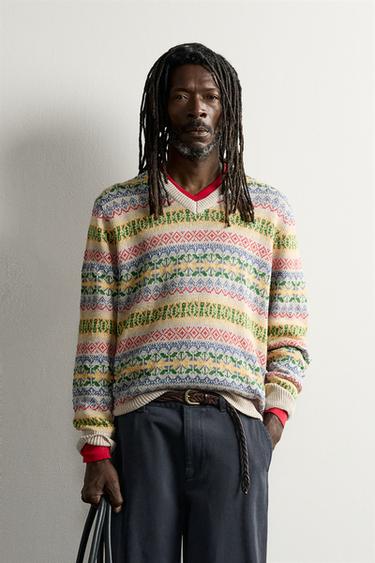 AARON LEVINE X ZARA GEOMETRIC 100% LINEN JACQUARD JUMPER - camel by Zara