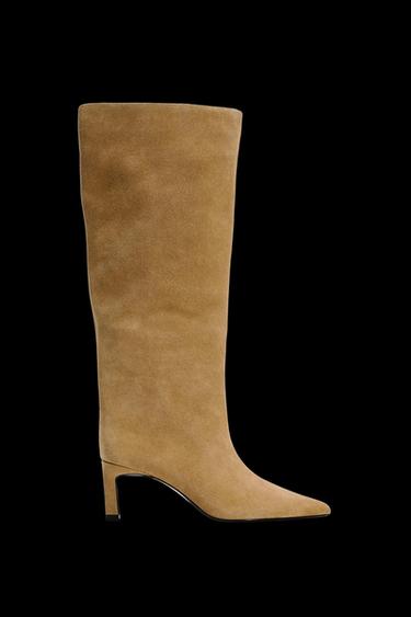 SPLIT SUEDE HEELED BOOTS - Dark tan by Zara - Image 0