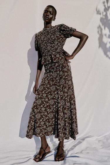 Zara EMBROIDERED MIDI SKIRT - Brown / Ecru - Image 0