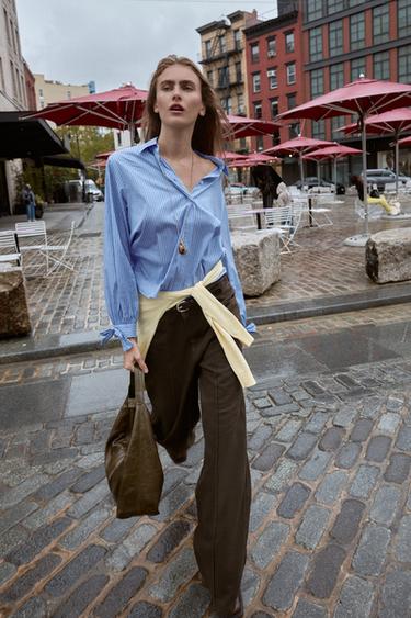 CHEMISE POPELINE AVEC LACETS - Bleu / Blanc de Zara - Image 2