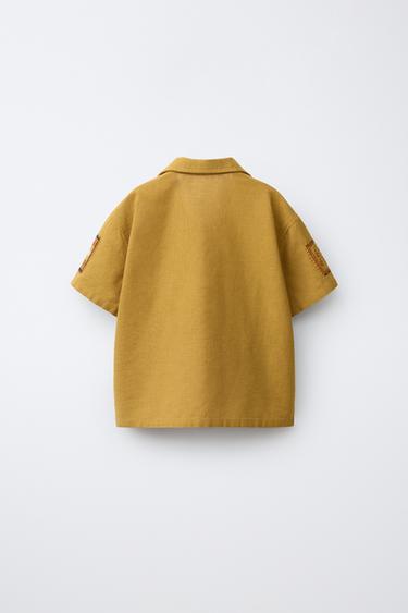 COTTON AND LINEN BOWLING SHIRT WITH PATCHES - Olive green by Zara - Image 1