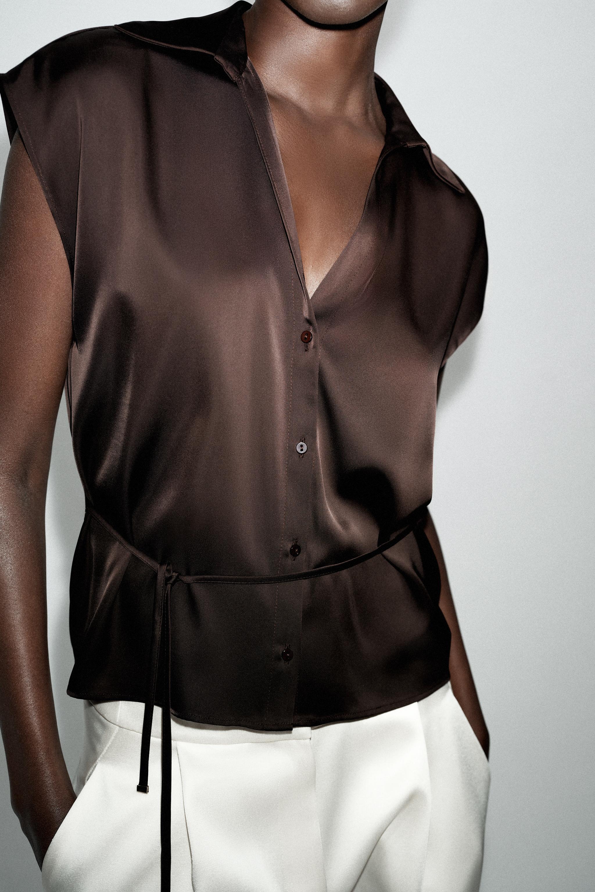 Женские рубашки Zara BELTED SATIN EFFECT SLEEVELESS SHIRT — фото 4
