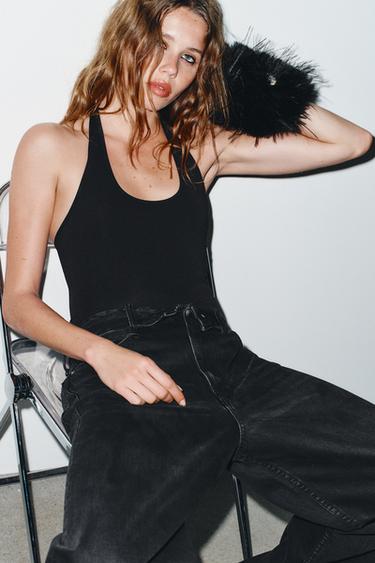 Zara TRF MID-RISE FOLDED WAISTBAND JEANS - Black