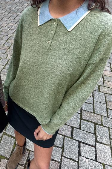 PULL POLO EN MAILLE BIMATIÈRE - Vert de Zara - Image 6