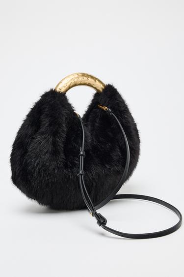 FAUX FUR HANDBAG WITH METAL HANDLE - Black by Zara
