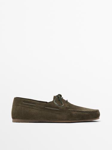 Zara Soft split leather deck shoes - Khaki Green