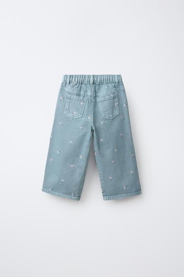 EMBROIDERED FLORAL TWILL CULOTTES — Light blue 2