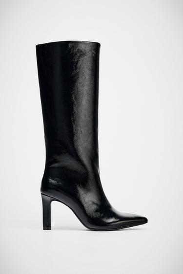 FAUX-PATENT WIDE-LEG BOOTS WITH BLOCK HEEL - Black by Zara