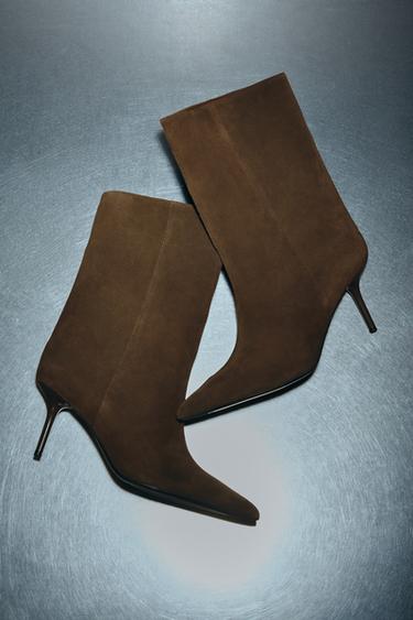 Zara 真皮高跟踝靴 - 棕色
