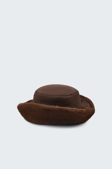 Zara FAUX FUR NYLON HAT - Brown