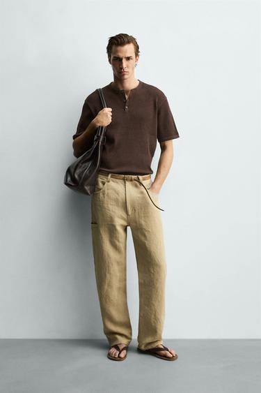 CAMISETA PUNTO CUELLO PANADERO ALGODÓN - LINO - Marrón de Zara - Imagen 0