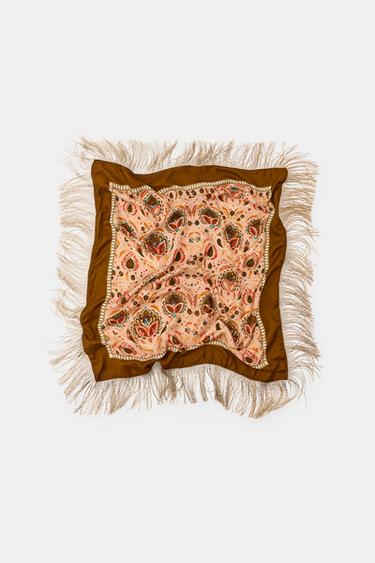 SILK BLEND PRINTED SCARF WITH FRINGE - Ecru by Zara
