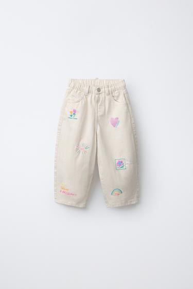 EMBROIDERED TWILL BARREL TROUSERS - Ecru by Zara