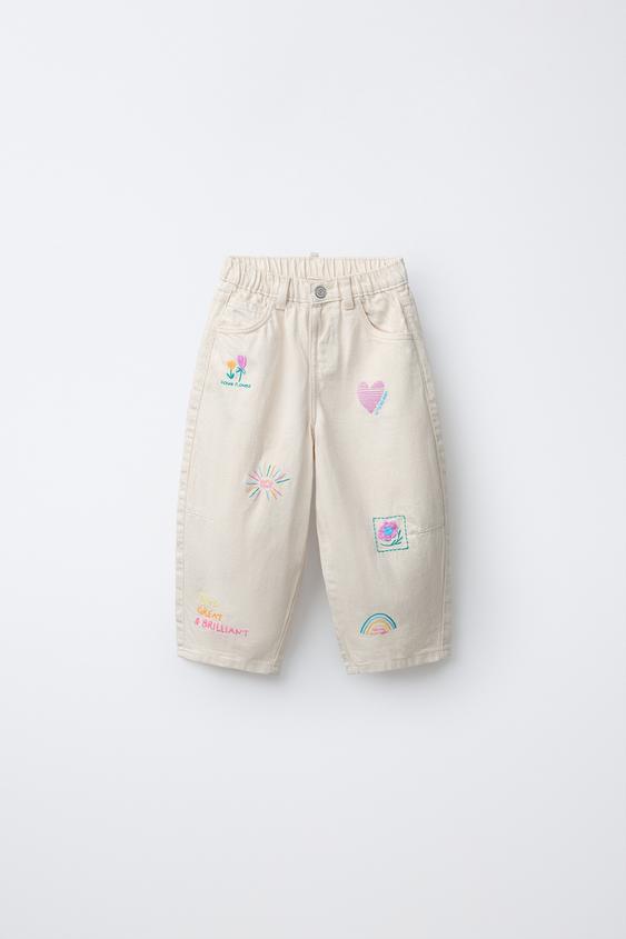 EMBROIDERED TWILL BARREL TROUSERS - Ecru by Zara - Image 0